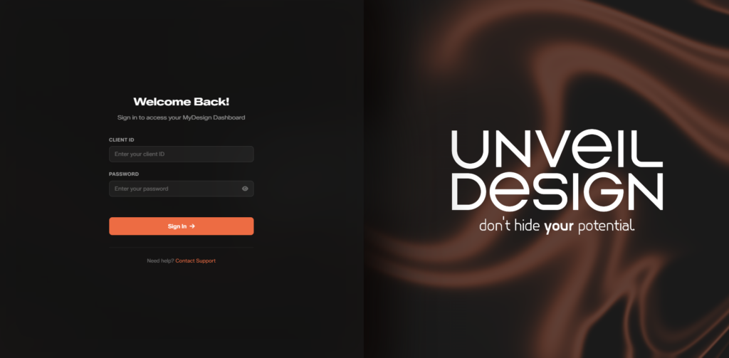 MyDesign Dashboard Login Screen