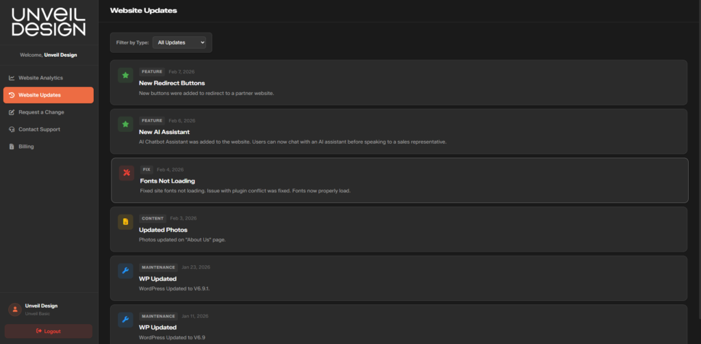 Website Update Page on MyDesign Dashboard