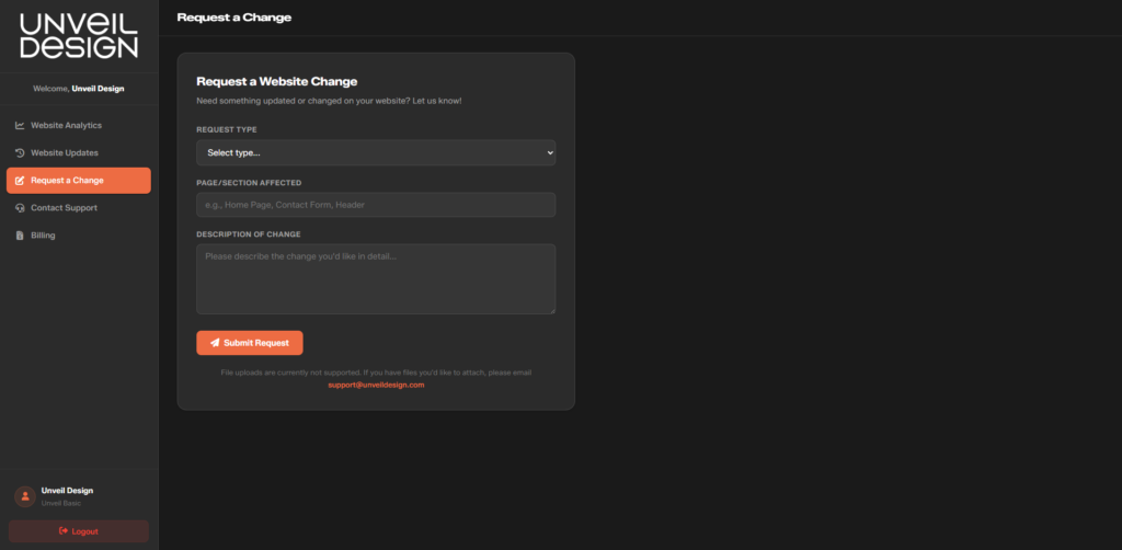 Request a Change page on MyDesign dashboard