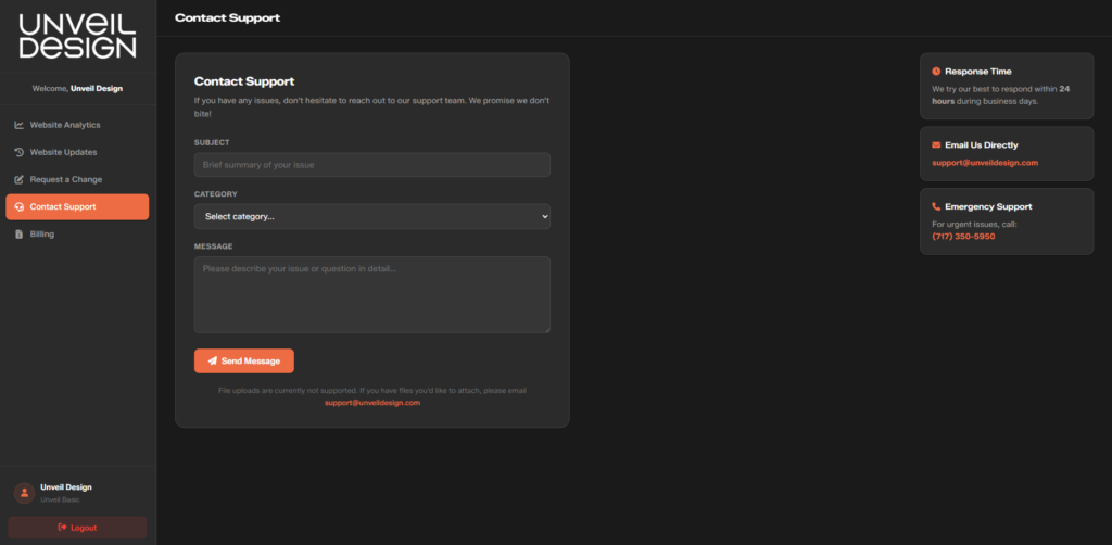 Support page on MyDesign Dashboard