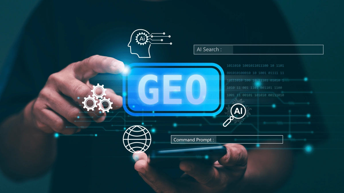 Man holding hologram of GEO Generative Engine Optimization