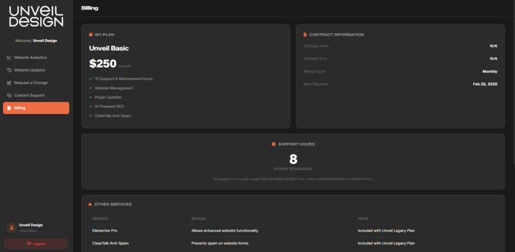 Billing page of MyDesign Dashboard